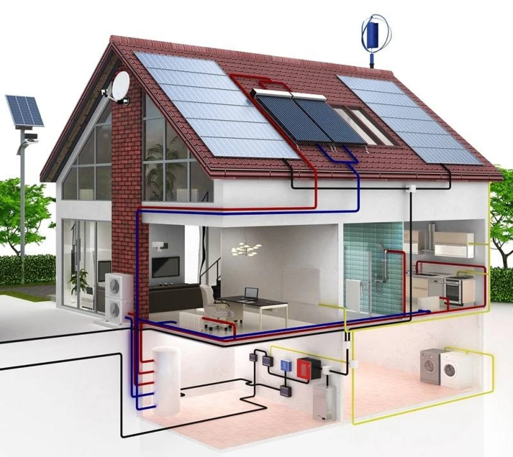 Schéma d'un système solaire combiné : panneaux solaires thermiques en toiture, pompe à chaleur air/eau et ballon de stockage assurant chauffage et eau chaude sanitaire — installation VERT AVENIR® financée dès 1 €